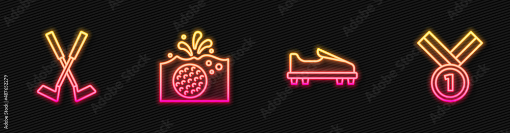 Set line Golf shoe，Crossed Golf club，ball in water and Medal。Glowing霓虹灯图标。Vector