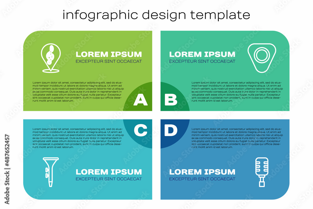设置线鼓和鼓棒、高音谱号、麦克风和吉他拨片。商业信息图模板