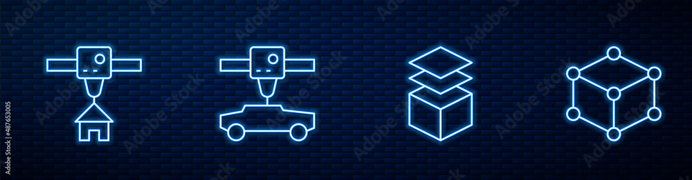 设置图层、3D打印机房屋、汽车和等距立方体。砖墙上闪烁的霓虹灯图标。矢量