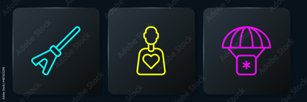 Set line Mop, Humanitarian aid and Volunteer. Black square button. Vector