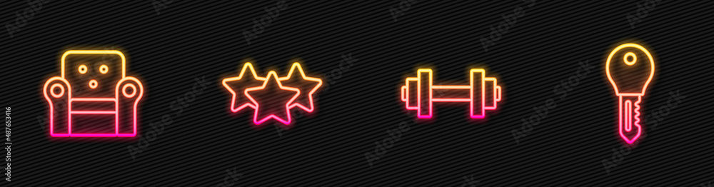 Set line Dumbbell, Armchair, Stars rating and Hotel door lock key. Glowing neon icon. Vector