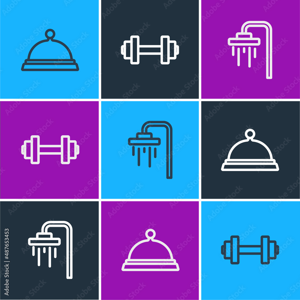 Set line Covered with tray of food, Shower and Dumbbell icon. Vector