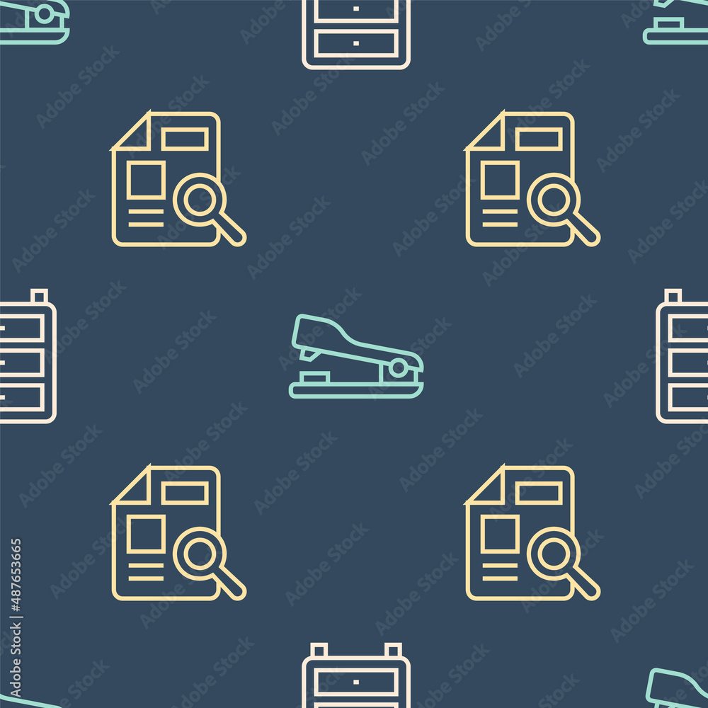 Set line Archive papers drawer, Document with graph chart and Stapler on seamless pattern. Vector