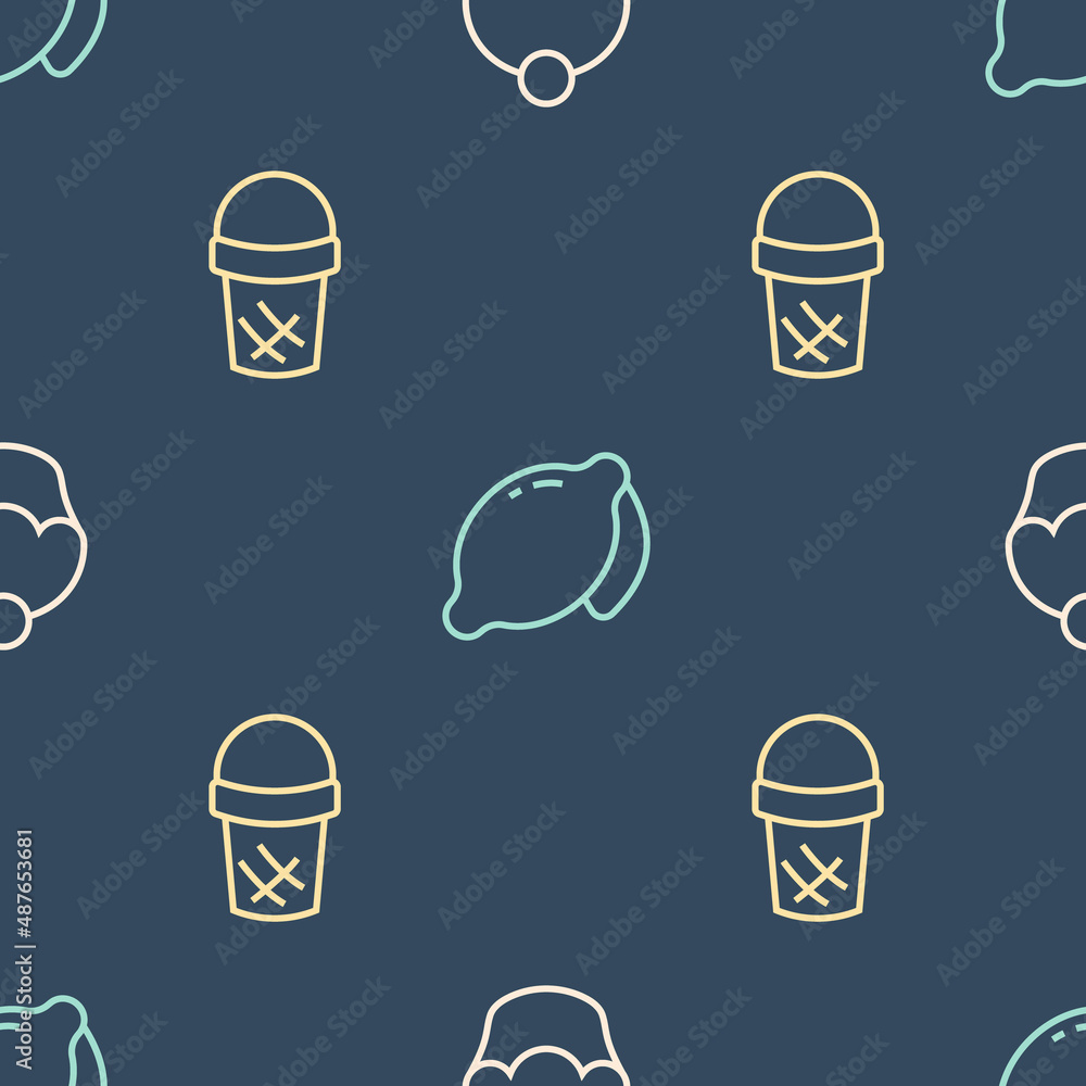 Set line Muffin, Ice cream waffle and Lemon on seamless pattern. Vector