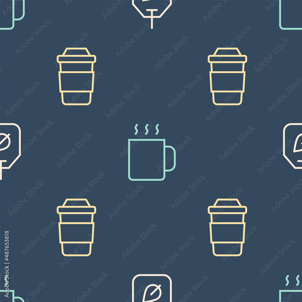 Set line Tea bag with leaf, Cup of tea and on seamless pattern. Vector