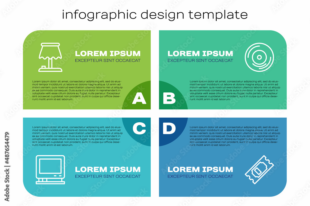 Set line Retro tv, Table lamp, Cinema ticket and Vinyl disk. Business infographic template. Vector