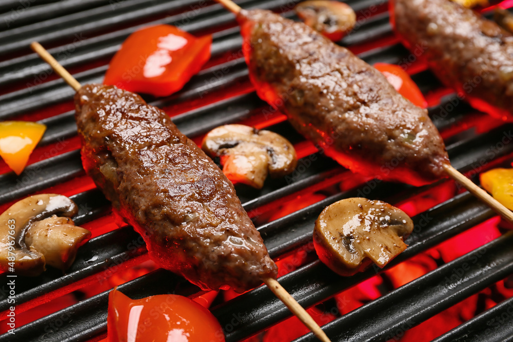 Skewers with tasty lula kebab on grill