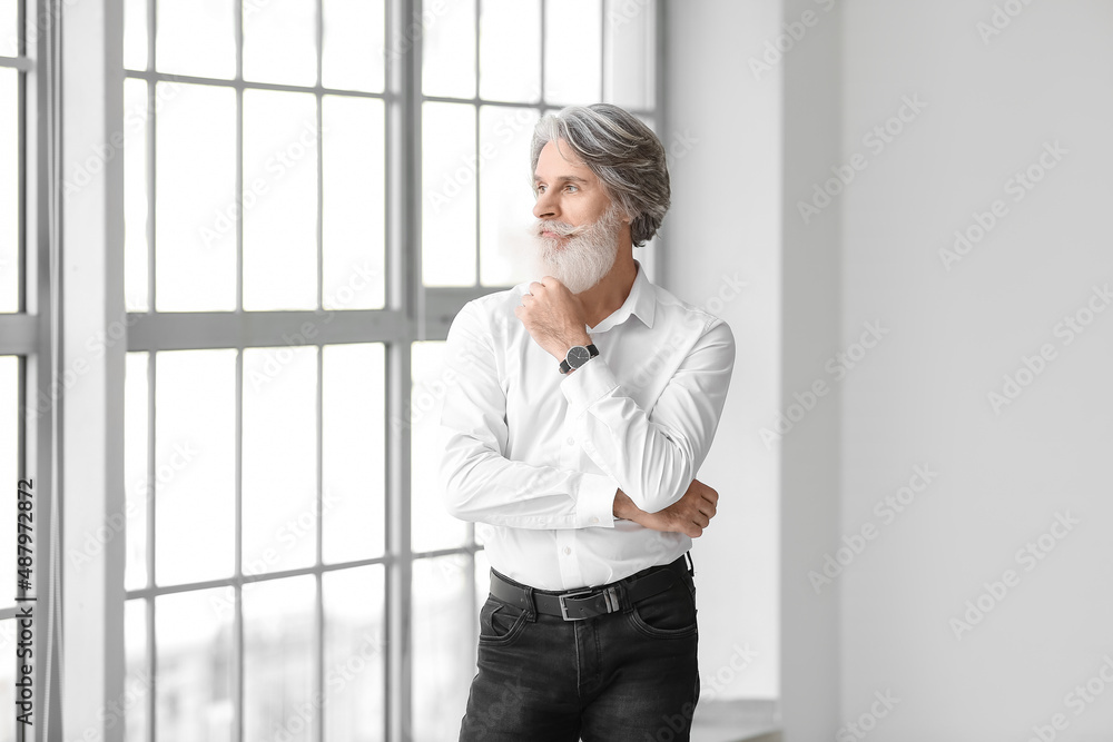 Portrait of handsome mature bearded man at home