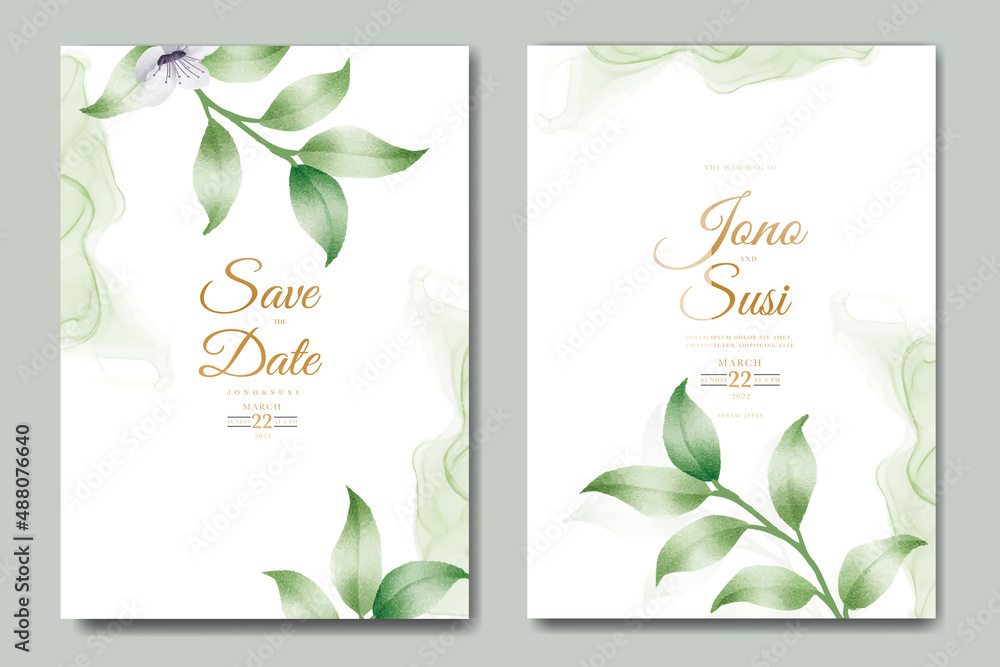 beautiful leaves watercolor wedding invitation card