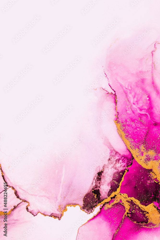 Pink gold abstract background of marble liquid ink art painting on paper . Image of original artwork