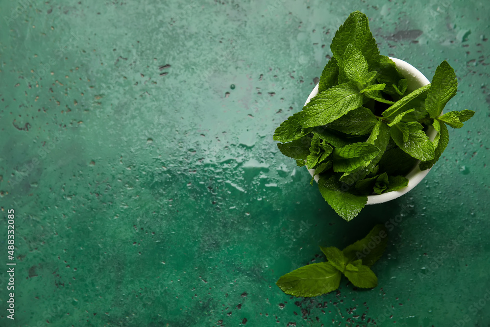 Bowl with mint leaves on color background