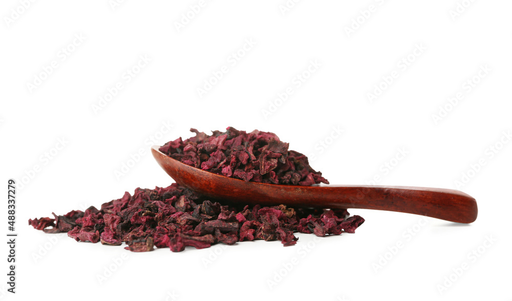 Spoon with dried hibiscus on white background