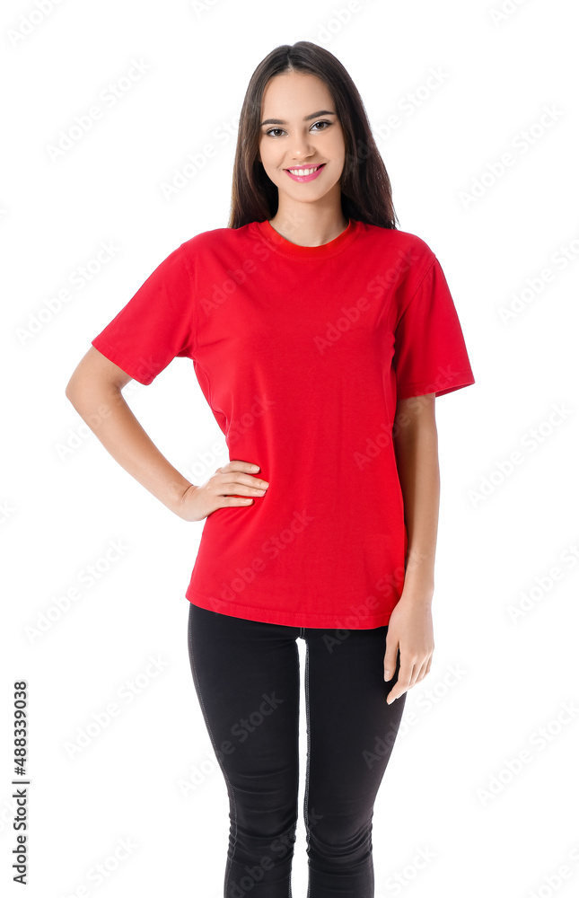 Pretty young woman in stylish t-shirt on white background