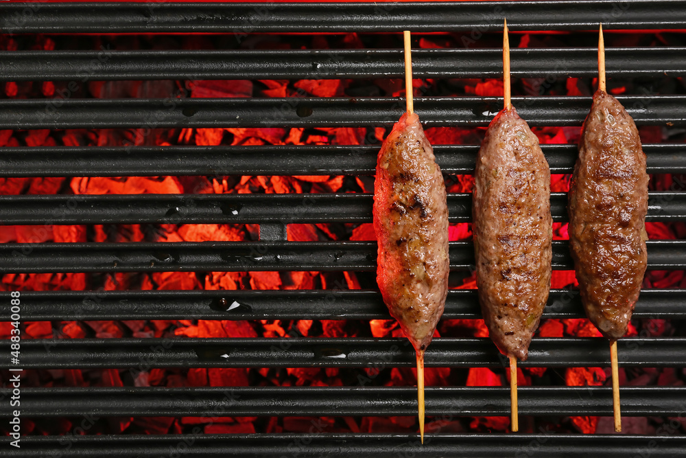 Skewers with tasty lula kebab on grill