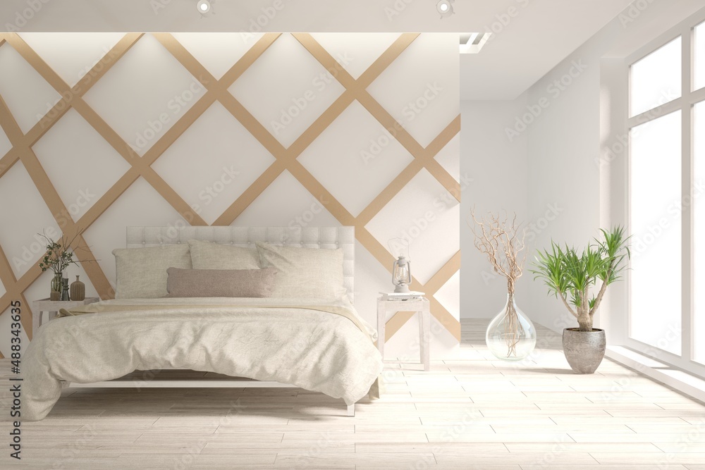 Soft color bedroom interior. Scandinavian design. 3D illustration