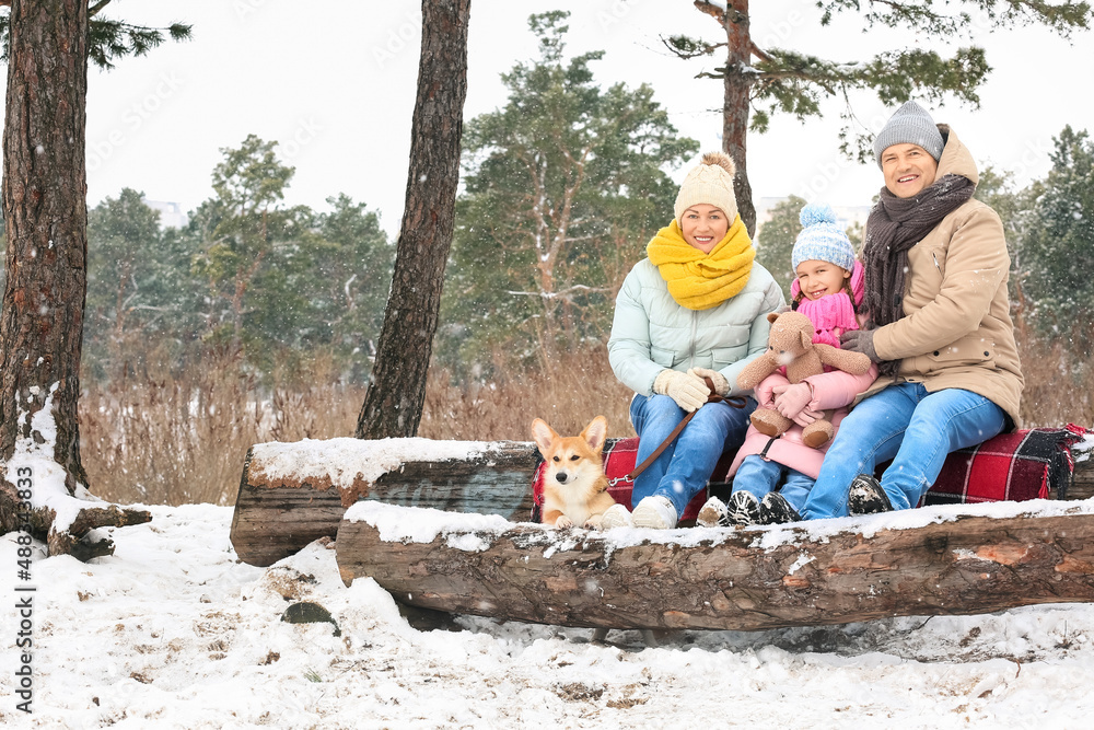 Little girl with toy, her grandparents and Corgi dog in forest on snowy winter day