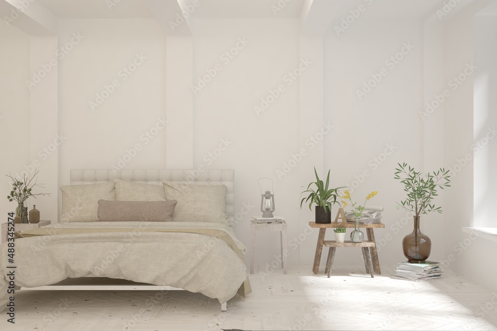 Soft color bedroom interior. Scandinavian design. 3D illustration