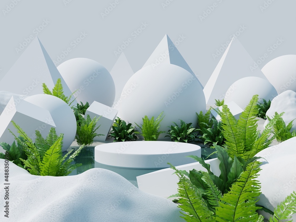 White product display podium with white desert background.