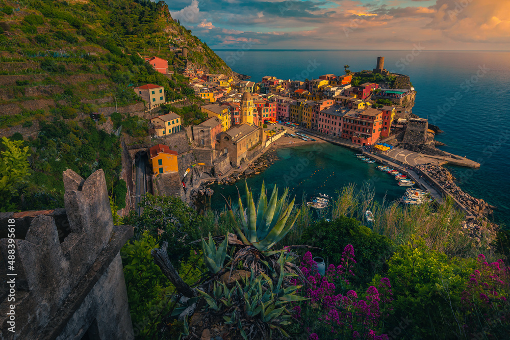 Vernazza view with harbor and mediterranean plants at sunset, Italy