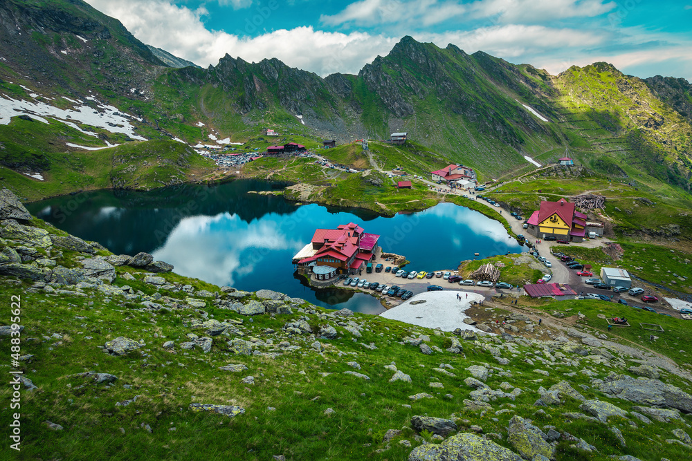 Lake Balea view from the slope, Fagaras mountains, Carpathians, Romania