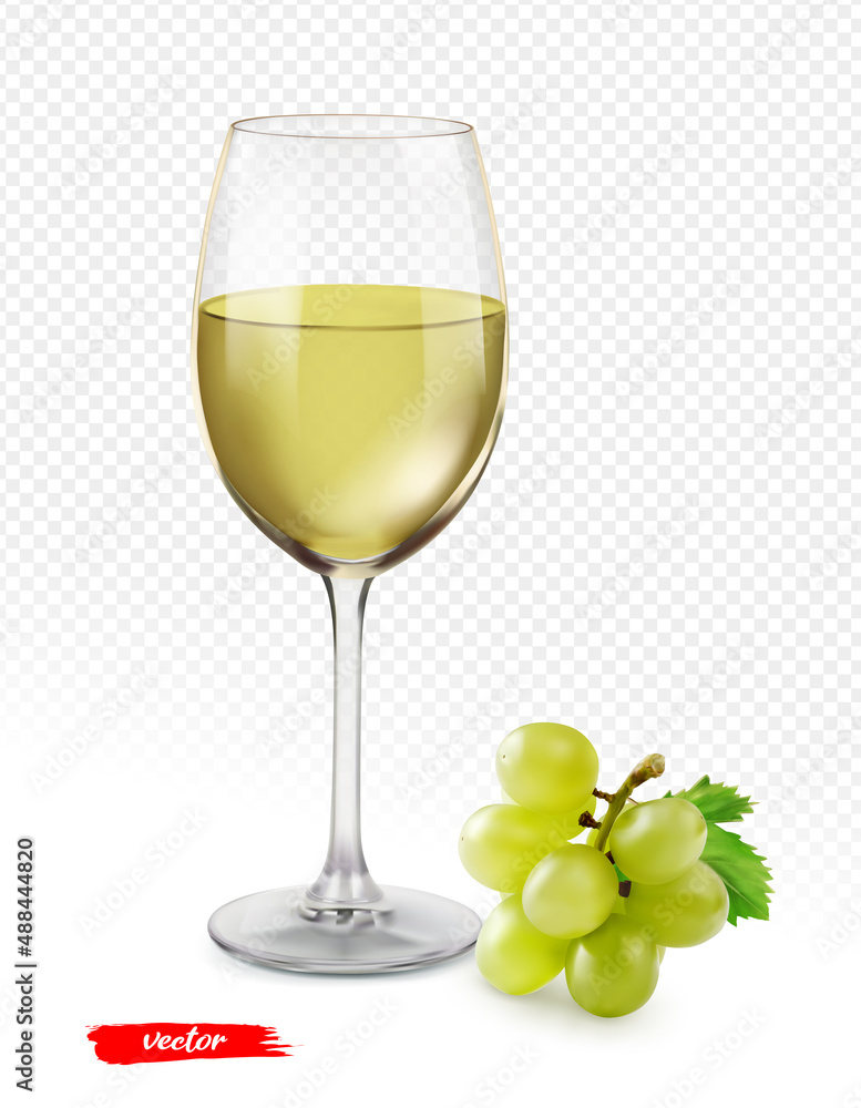 The glass of wine and grape isolated on transparent background. Realistic vector illustration.