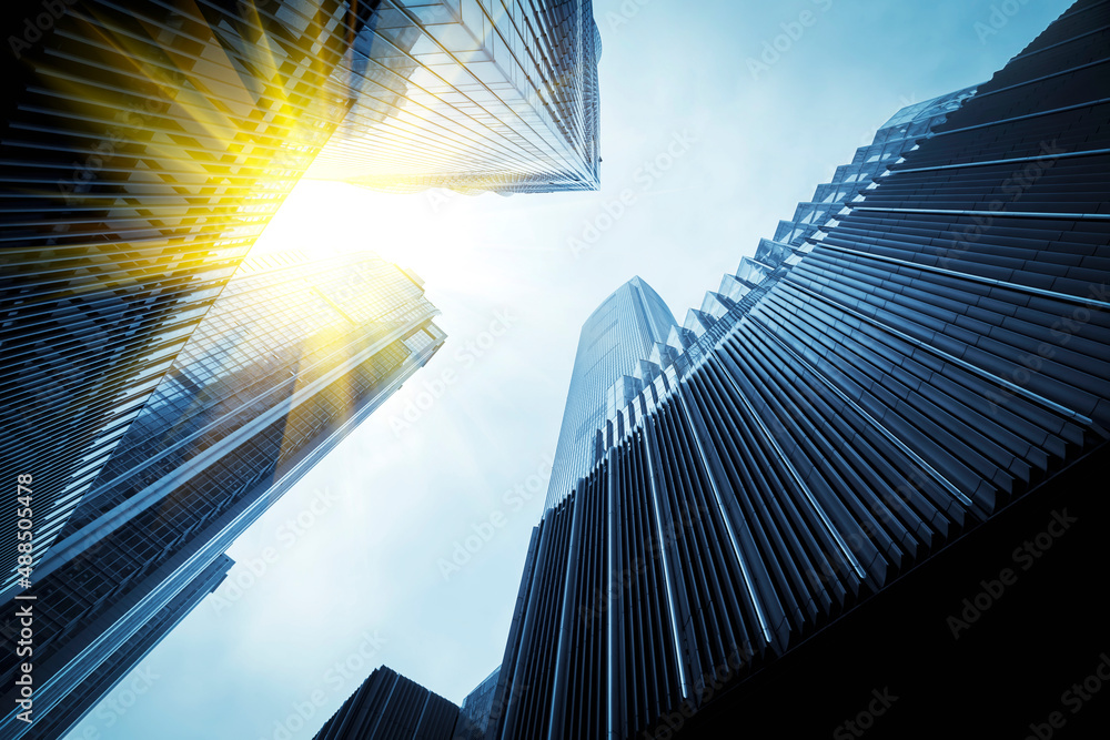 Close-up of exterior facades and buildings of skyscrapers in financial district outdoor