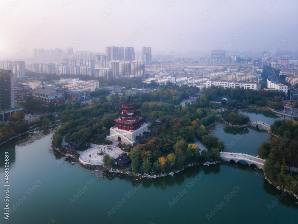 Aerial photography of Jining old city buildings landscape skyline