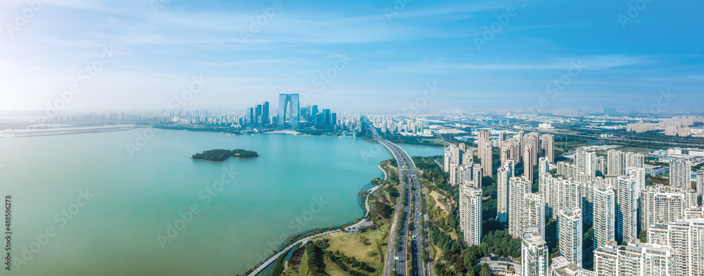 Aerial photography of modern architectural landscape near Jinji Lake in Suzhou