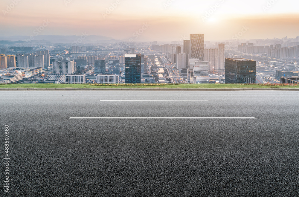 Road and Chinese modern city buildings background