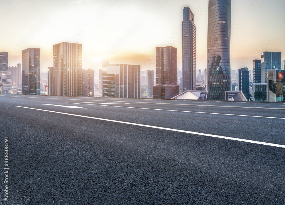 Road and Chinese modern city buildings background