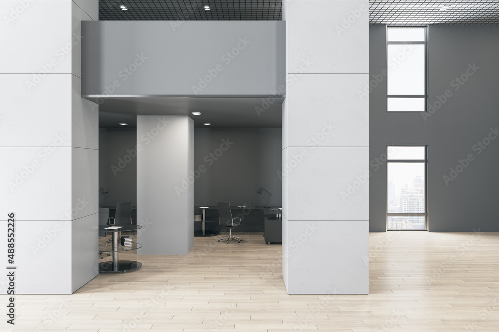 Bright empty office interior with wooden flooring and windows and city view. 3D Rendering.