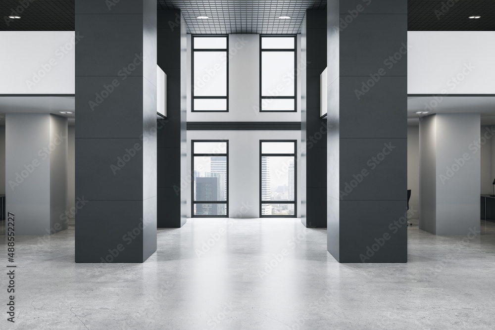 Modern empty office interior with windows and city view. 3D Rendering.