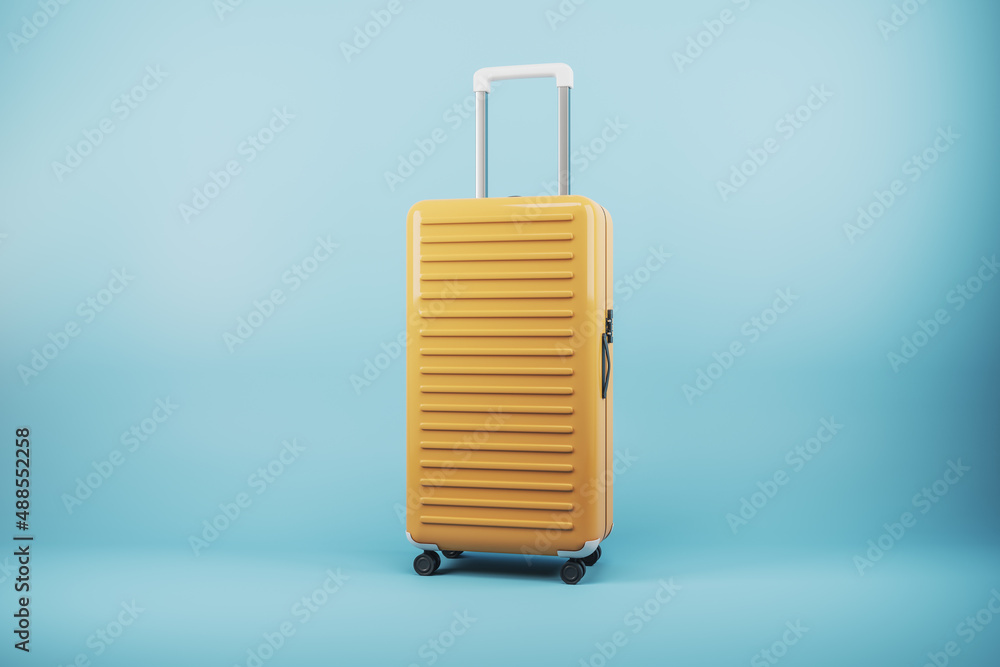 Modern suitcase on blue background with mock up place. Luggage, bag and airplane concept. 3D Renderi