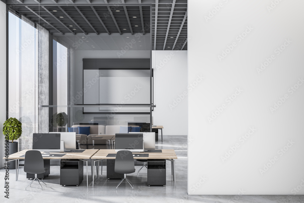 Modern office interior with empty mock up place on concrete wall, panoramic city view, waiting area 