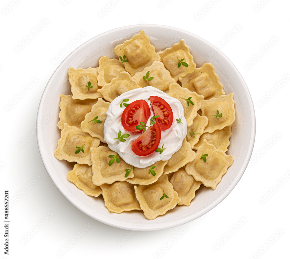 Italian ravioli pasta isolated on white background, top view