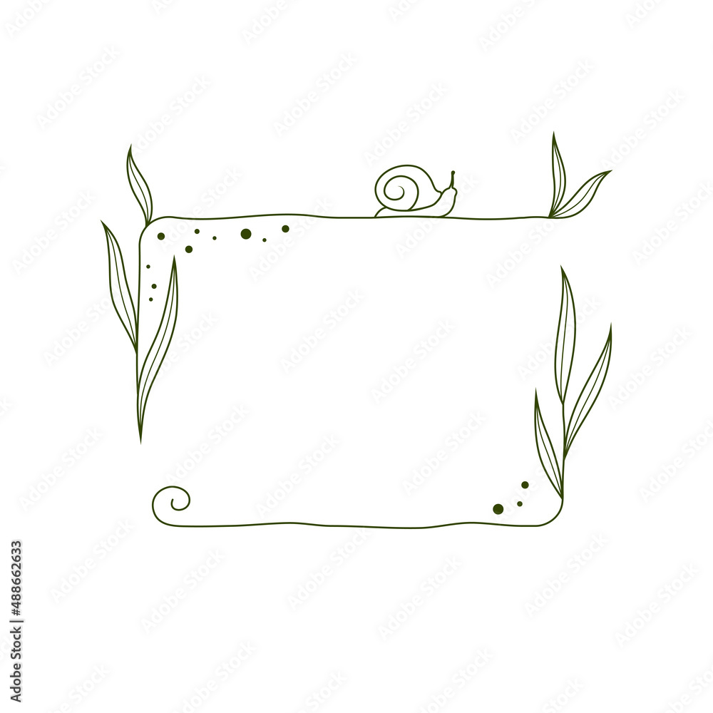 Abstract, trendy, creative text frame, simple, modern floral frame with leaves and snail, linear out