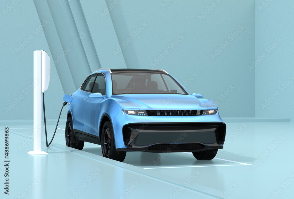 Generic Electric SUV charging at roadside charging station. Simple background. 3D rendering image. 