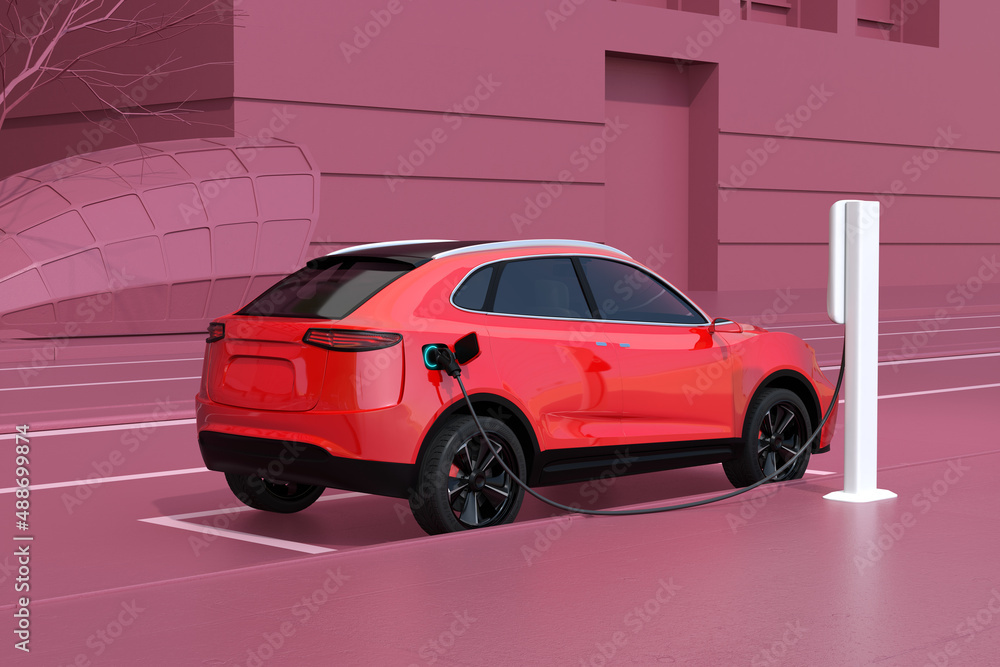 Generic Electric SUV charging at roadside charging station. Simple background.  3D rendering image. 