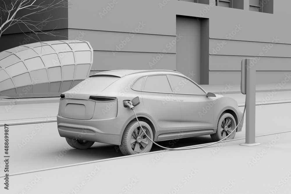 Clay model rendering pf generic Electric SUV charging at roadside charging station. 3D rendering ima