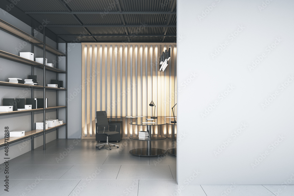 Modern office interior with empty mock up place on wall, desk, chair, and bookcase. Design and workp