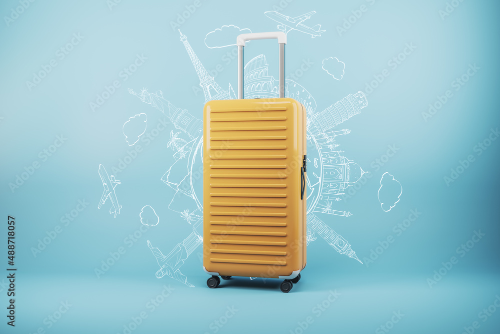 Modern suitcase on blue background with mock up place and creative sketch. Luggage, bag and airplane