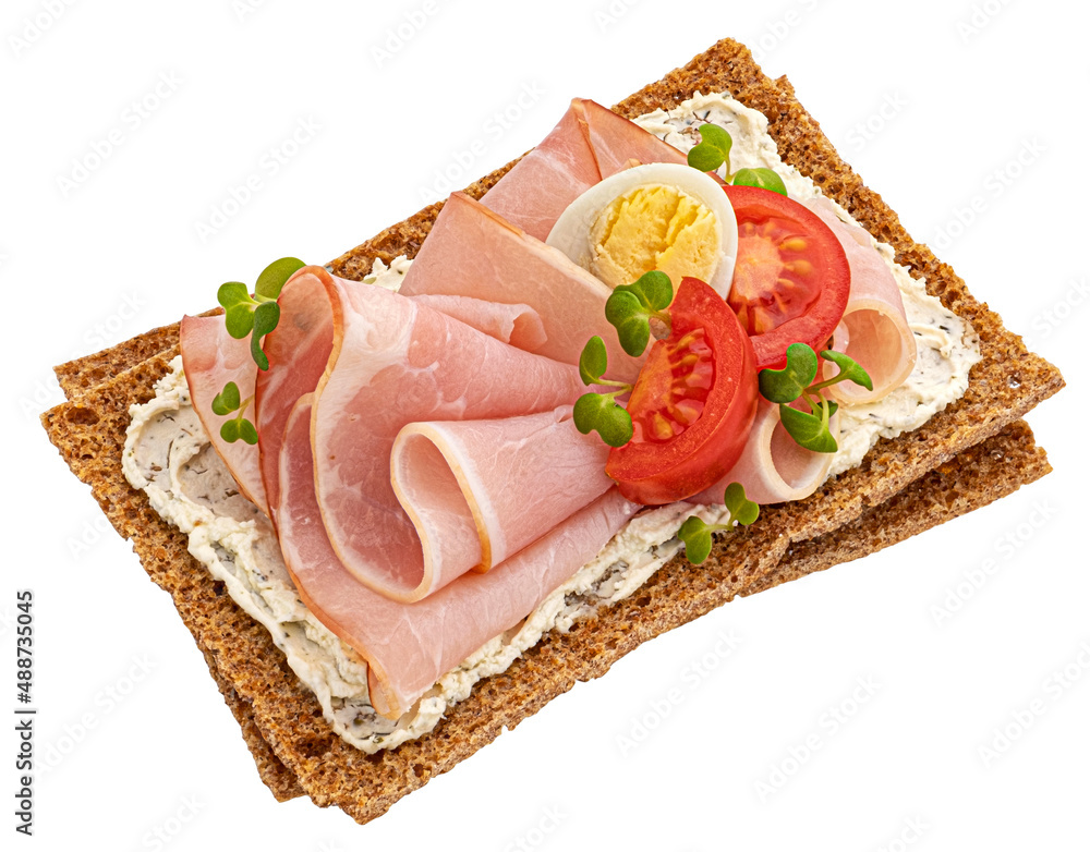 Crispbread with smoked ham isolated on white, top view