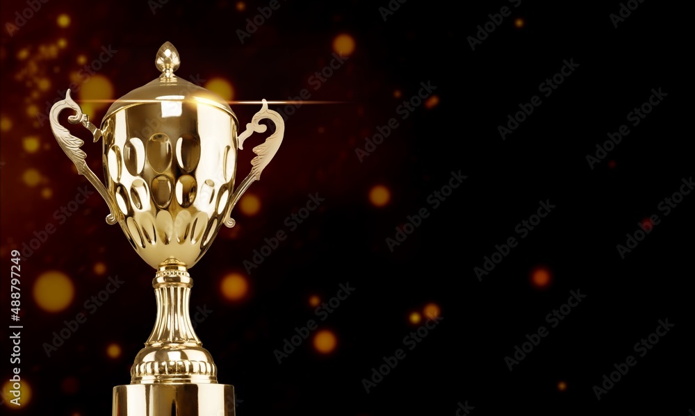 Golden metal trophy cup. Festive light background.