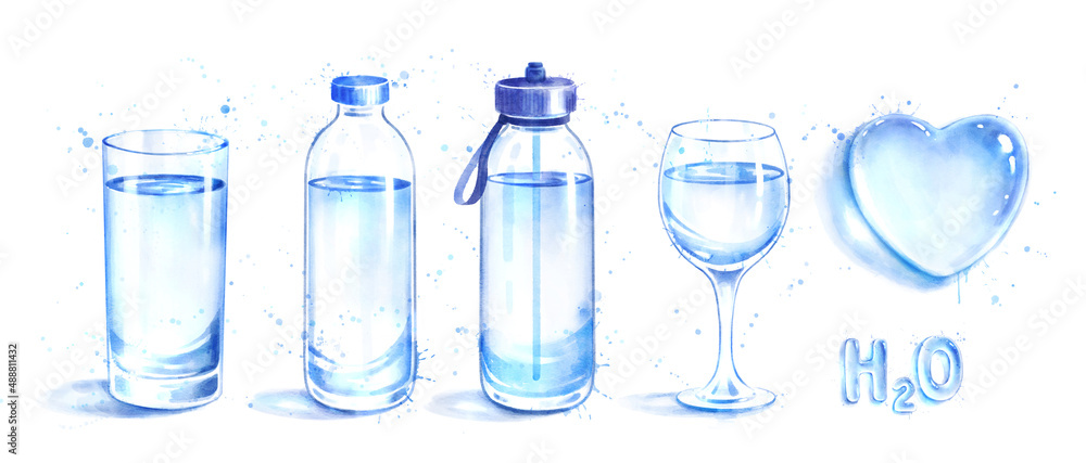 Watercolor set of bottles and glass of water