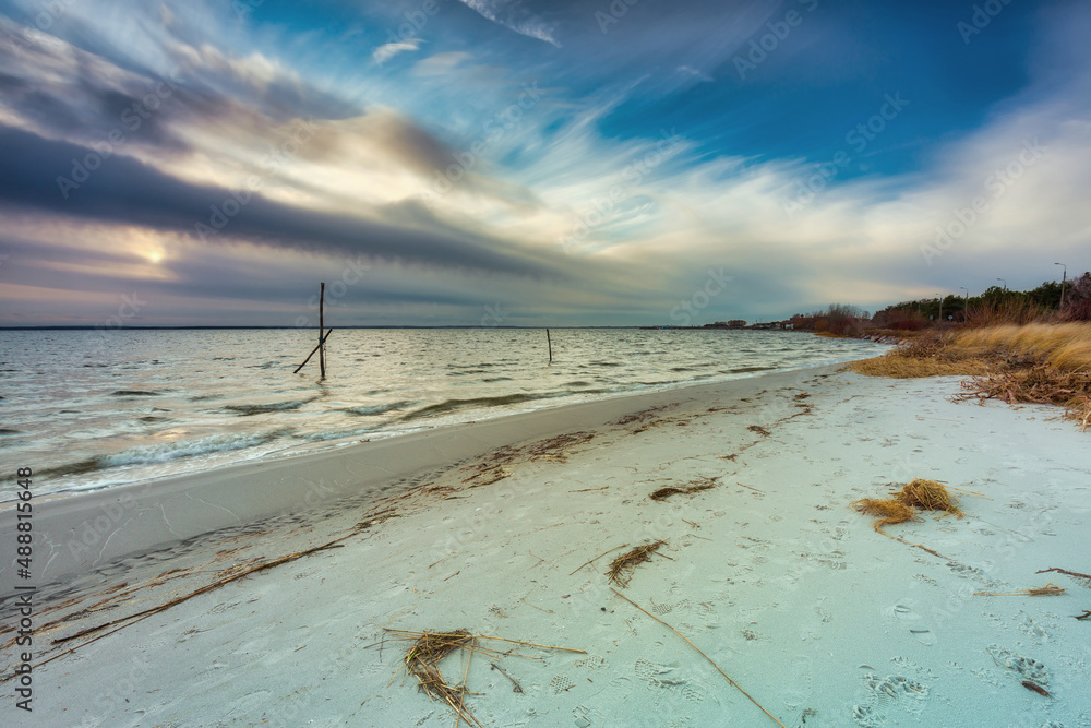 Beautiful beach of the Baltic Sea at sunset in Kuznica, Hel Peninsula. Poland