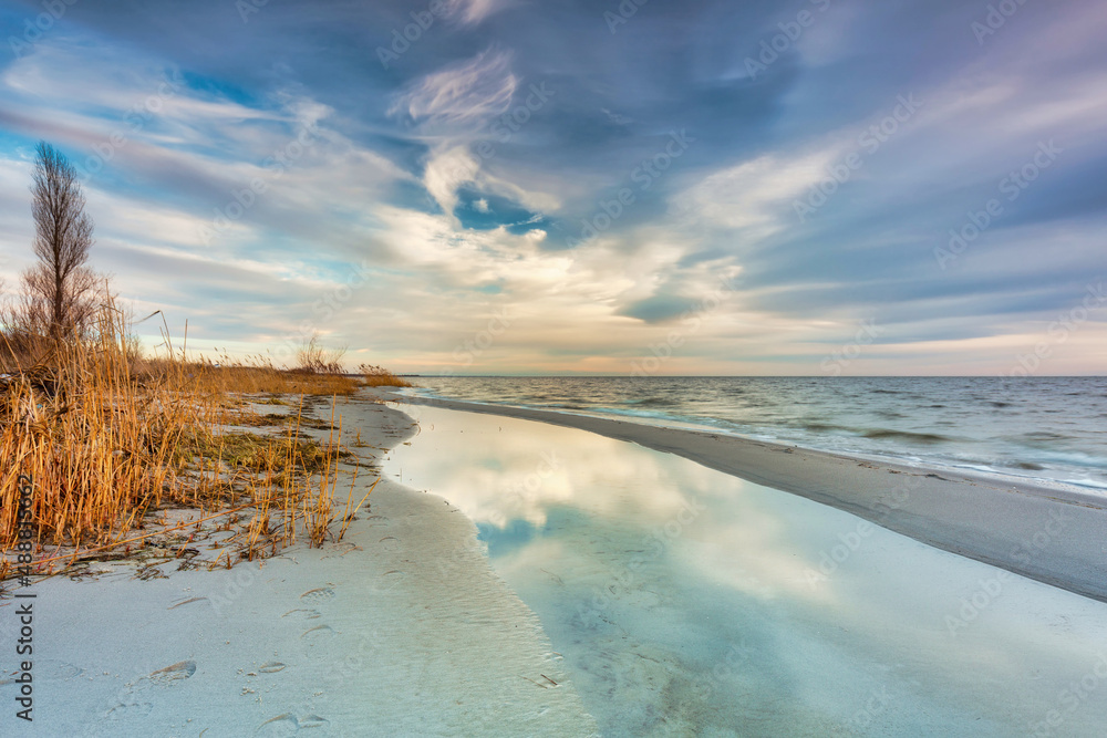 Beautiful beach of the Baltic Sea at sunset in Kuznica, Hel Peninsula. Poland