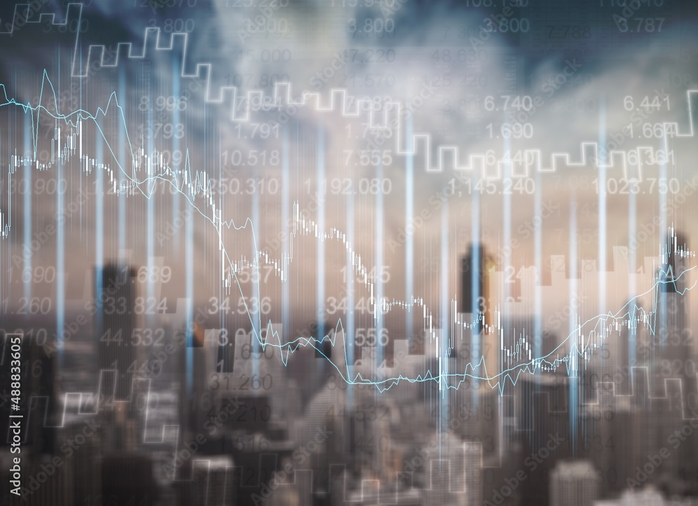 Abstract virtual financial graph hologram on blurry city background, financial and trading concept.