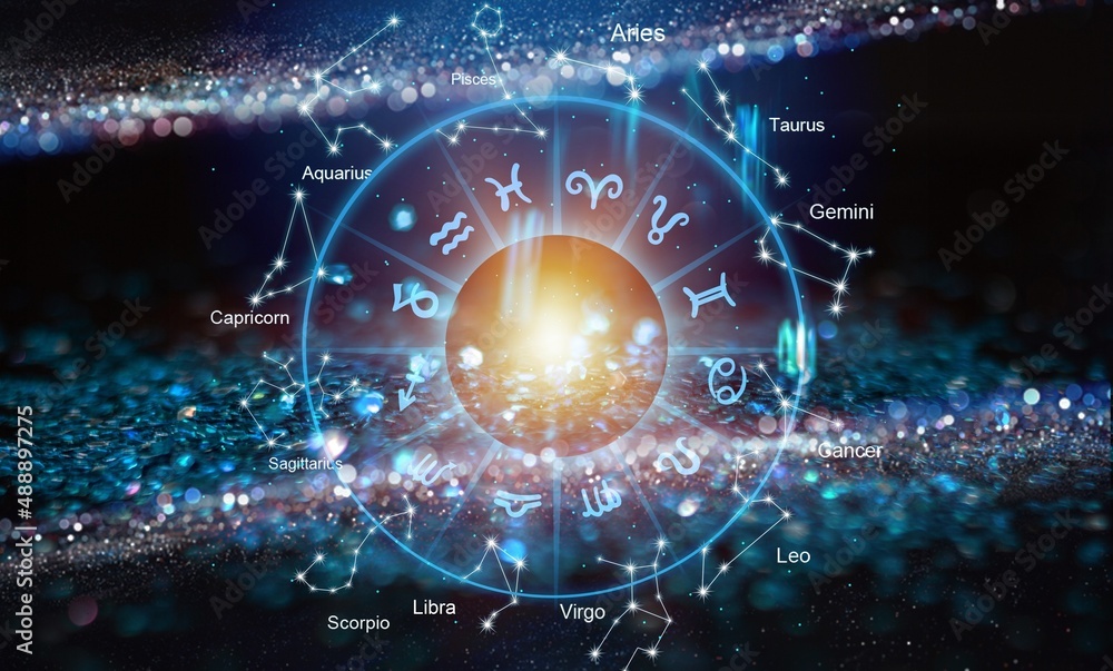 Zodiac signs inside of horoscope circle. Astrology in the sky with stars and moons  astrology and ho