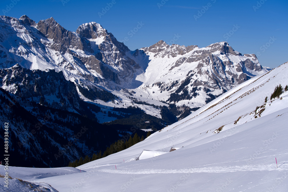 从恩格尔伯格滑雪场俯瞰瑞士阿尔卑斯山的全景，聚焦背景