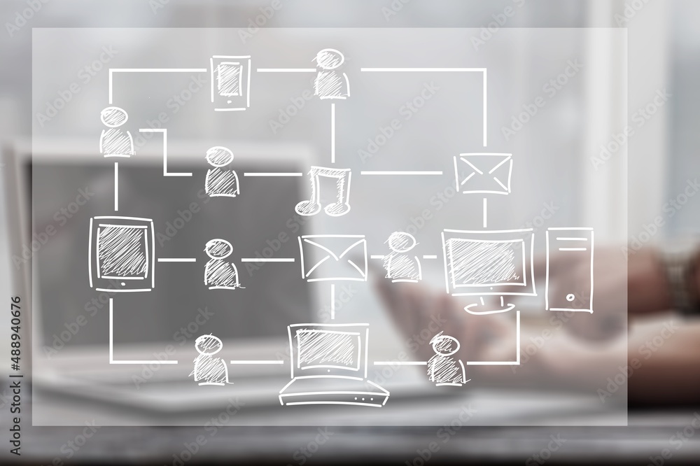 Online virtual documentation database, document management concept illustration.